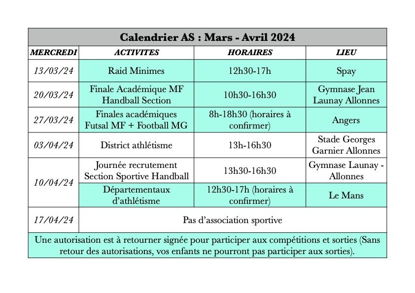 Calendrier AS Mars – Avril 2024