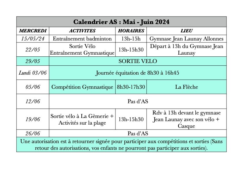 Calendrier AS Mai-Juin 2024