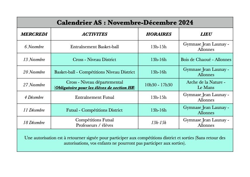 Calendrier AS – Novembre et Décembre 2024